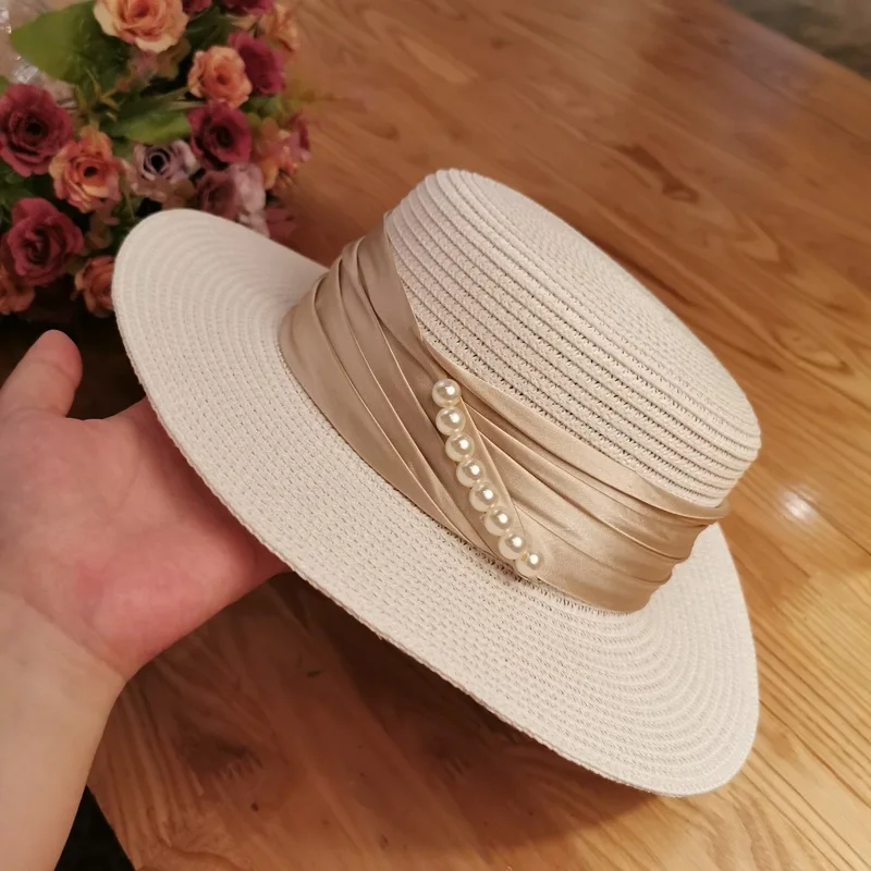 

Шляпа Соломенная женская, роскошная пляжная Панама с жемчужинами, с плоской лентой, в классическом стиле, лето