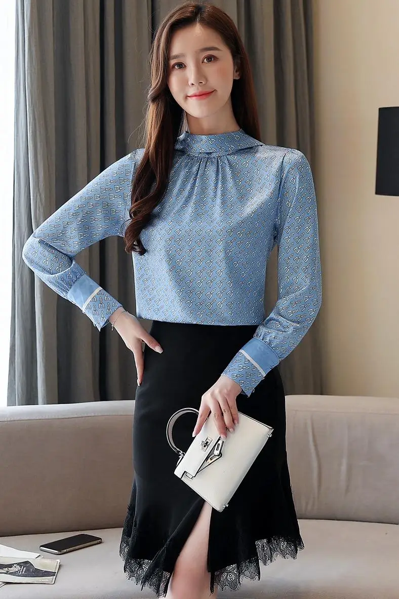 

New Long Sleeve Women's Blouse Printing Bow V-neck Chiffon Comfortable Casual Blouses Fashion Top Korean Summer Shirt