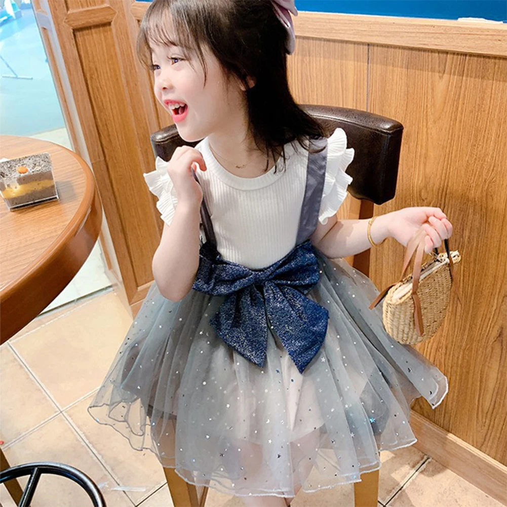 Платье с бантом для девочек костюм футболка в полоску рукавами-крылышками + жилет