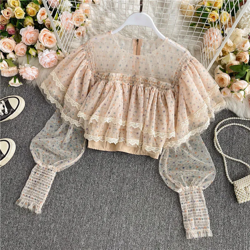 

Корейская сетчатая короткая шифоновая рубашка с воланом в иностранном стиле супер сказочная рубашка с открытым пупком куртка в дворцовом с...