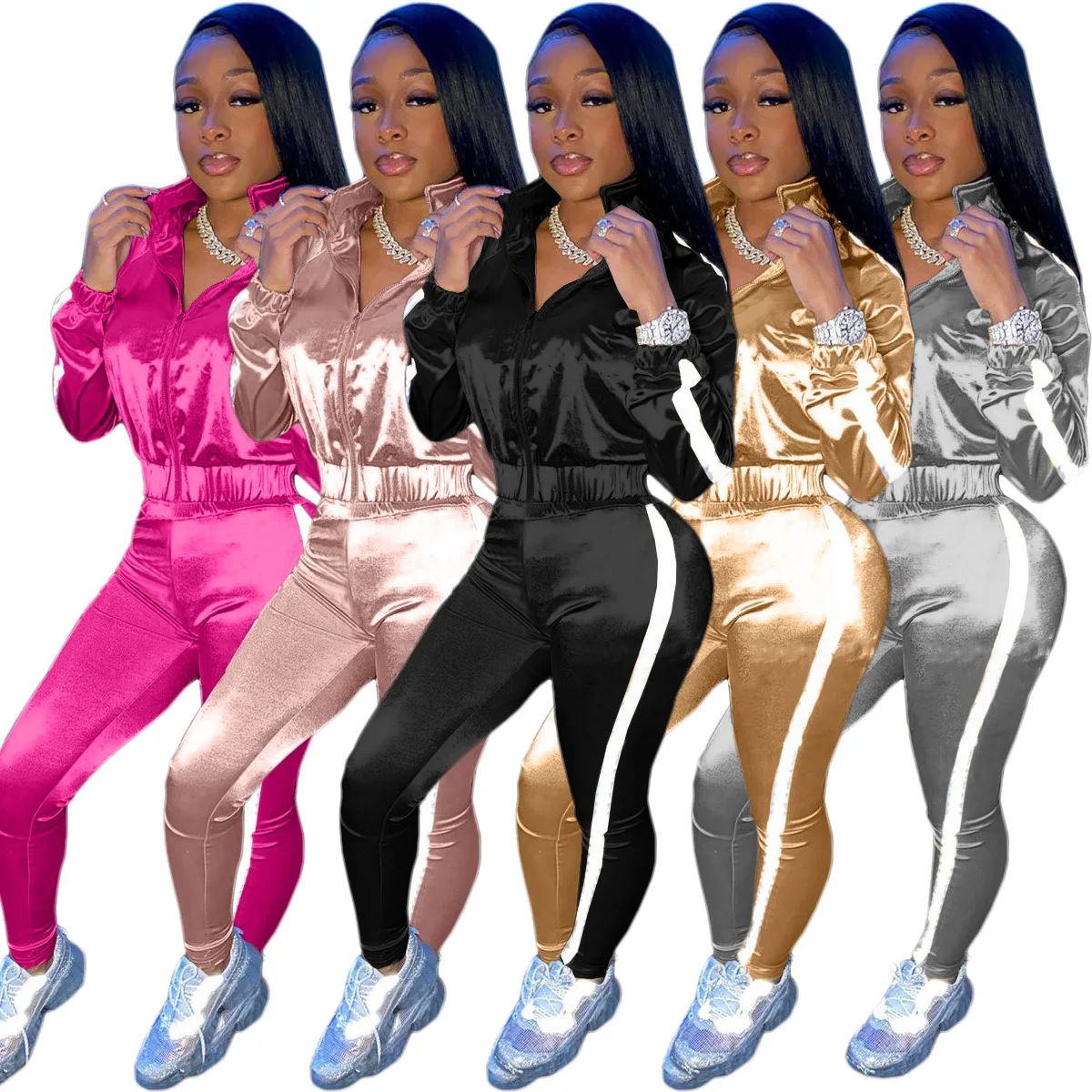

European and American women's fashion all-gloss material luminous strip stitching sports two-piece suit