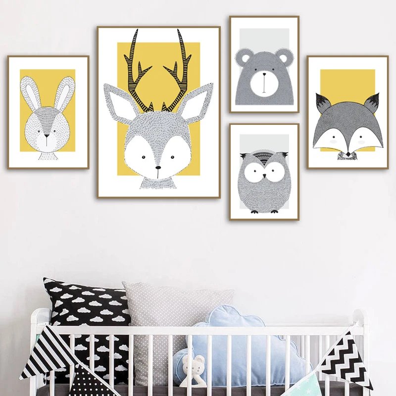 

Nursery art animal gallery wall art print yellow bear fox deer owl rabbit sketch room decoration picture poster children