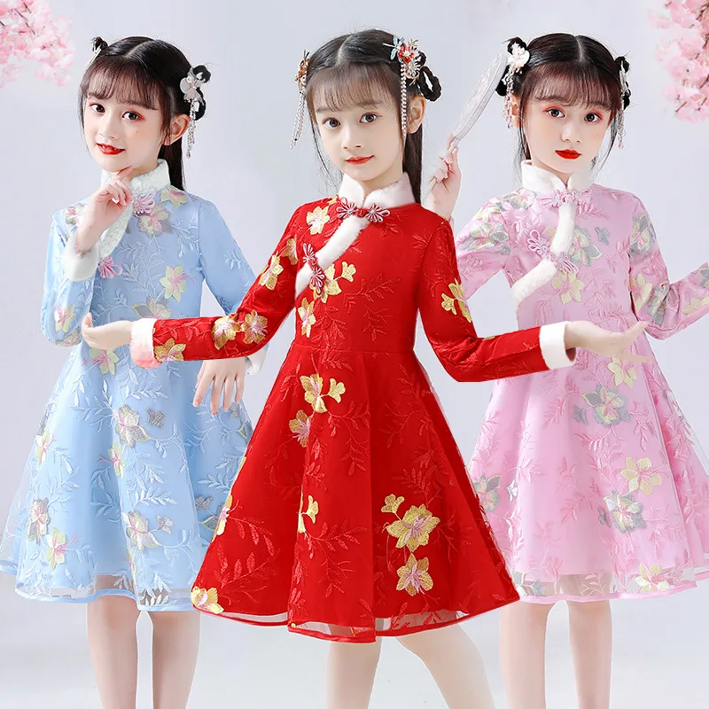 Winter Fleece Dance Dresses Princess Girls Kids Retro Tang Han Dress China New Year Festival Costumes Party Wedding Ball Gown | Детская