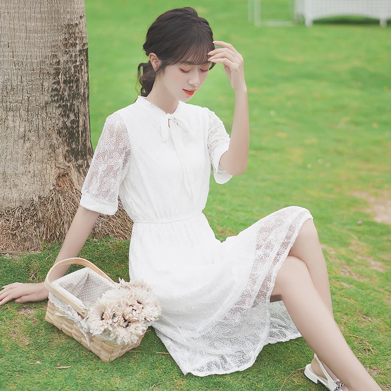 Шикарное платье цвета хаки Новинка лета 2020 кружевное с коротким рукавом