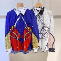 

Новинка 109606, стильная весенне-летняя модная повседневная универсальная рубашка из крепа и шелка с принтом единорога B2