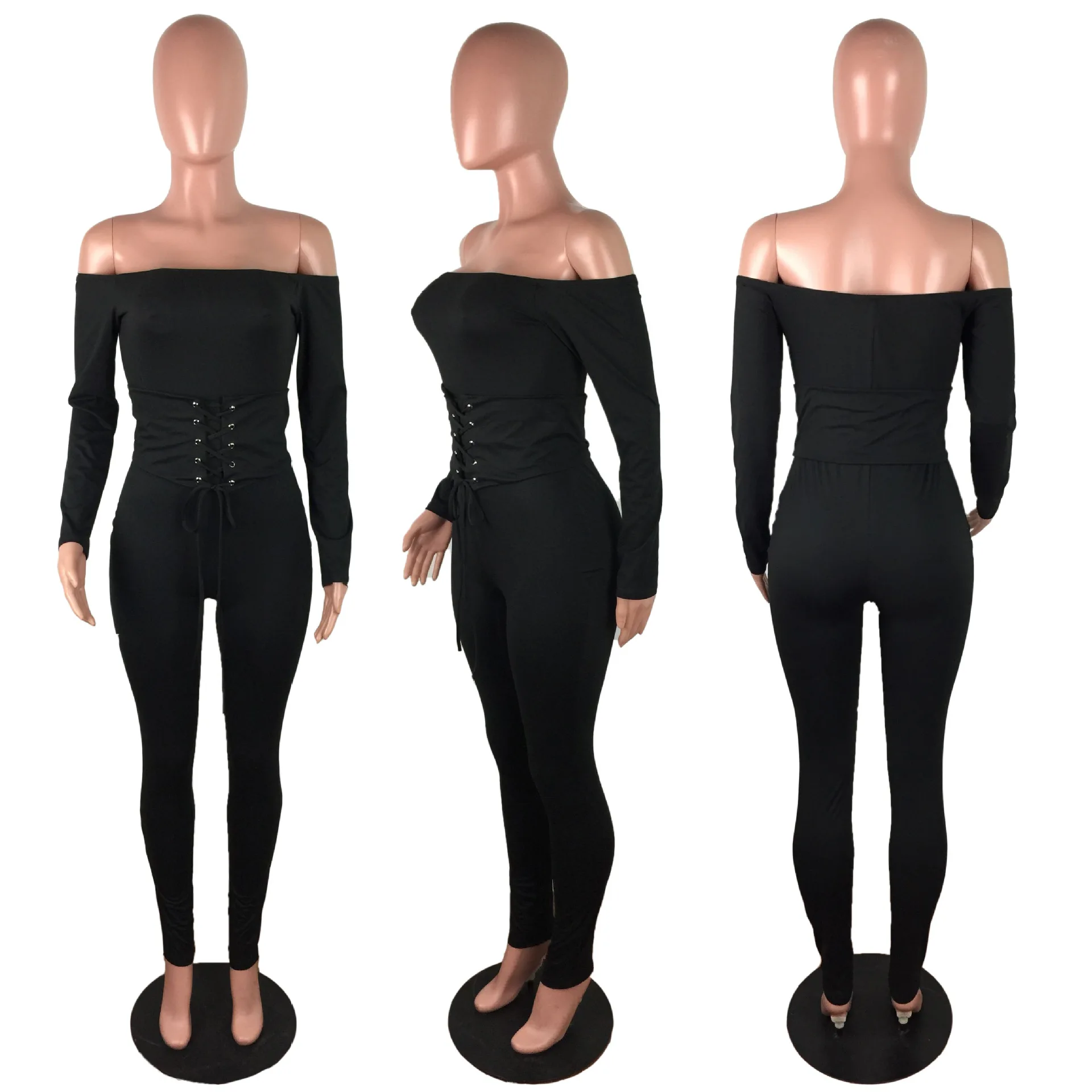 

Mandylandy Jumpsuits Sexy Long Sleeve High Waist Off Shoulder Slash Neck Pencil Jumpsuits Women's Solid Bandage Slim Jumpsuits