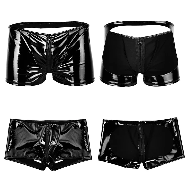 Mens Lingerie Gay Underwear Shiny Metallic Patent Leather Zipper Sexy Underpants Bulge Pouch Open Butt Boxer Briefs Panties |