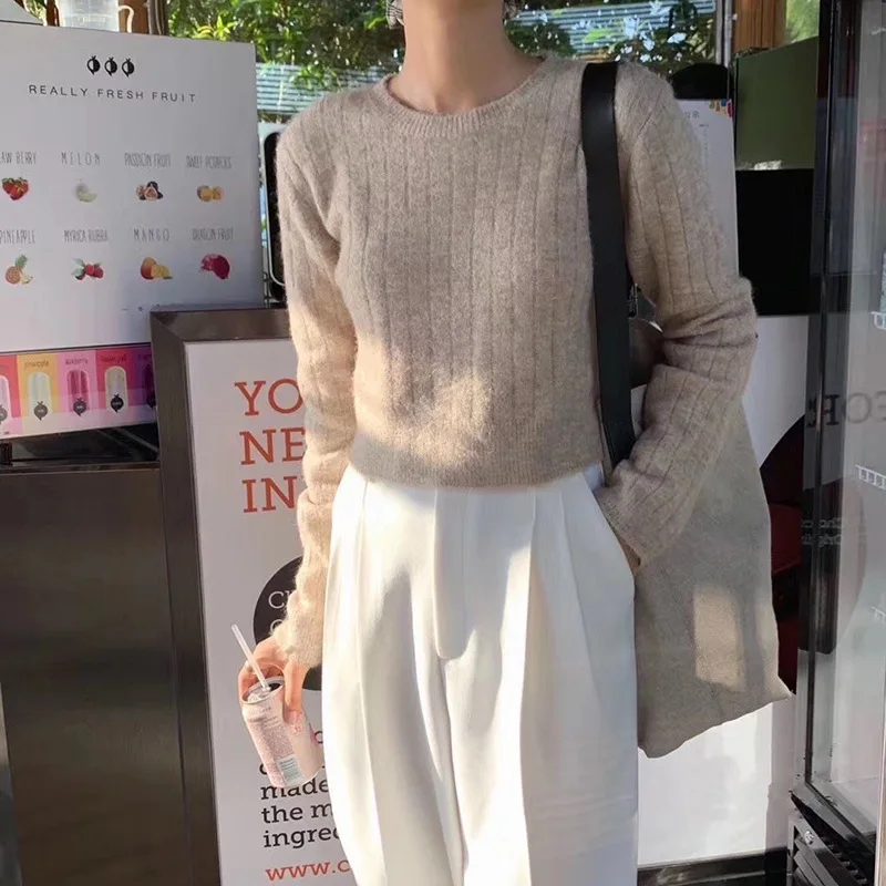 

Autumn Winter Women's Sweater Korean Retro Solid Color Round Neck Pullover Top New Slim Long-sleeved Knitted Bottom Tops LL447