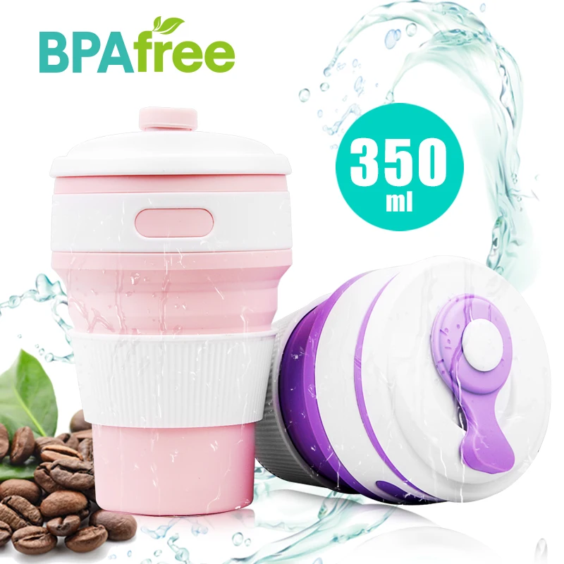 350ml collapsible coffee silicone cup with Lid folding water tea cup reusable travel Drinkware BPA free eco friendly make health