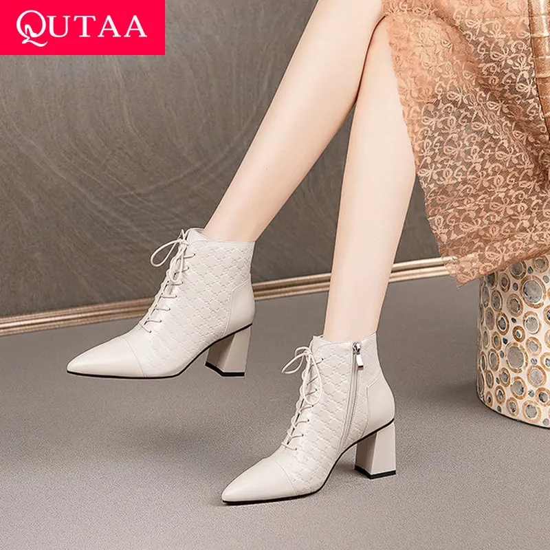 

QUTAA 2022 Spring Autumn Women Shoes Pointed Toe Lace Up Female Pumps Genuine Leather Beige Square High Heels Size 34-41