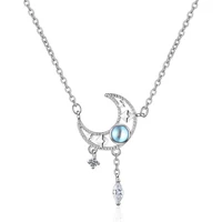 bright crystal blue moon star pendant necklace for women jewelry charm silver plated necklaces girls engagement party bijou