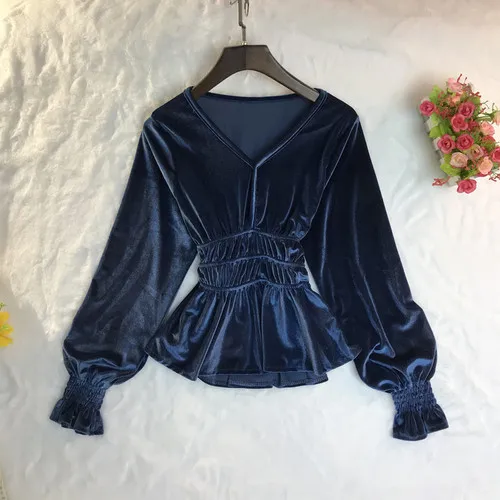 peacock blue Новая осенняя и зимняя винтажная бархатная рубашка с v-образным вырезом, женские рубашки с длинным рукавом, тонкая короткая приталенная рубашка, Женский Топ NS1390 - Цвет: peacock blue