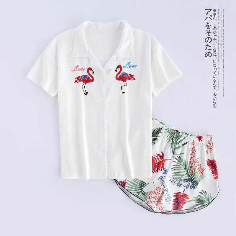 Пижама женская хлопковая с коротким рукавом пижама принтом кардиган топ для сна домашняя одежда костюм из