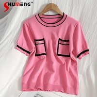 2021 summer womens new korean style double pocket contrast color knitted top ladies fashion round neck casual pullover knitwear