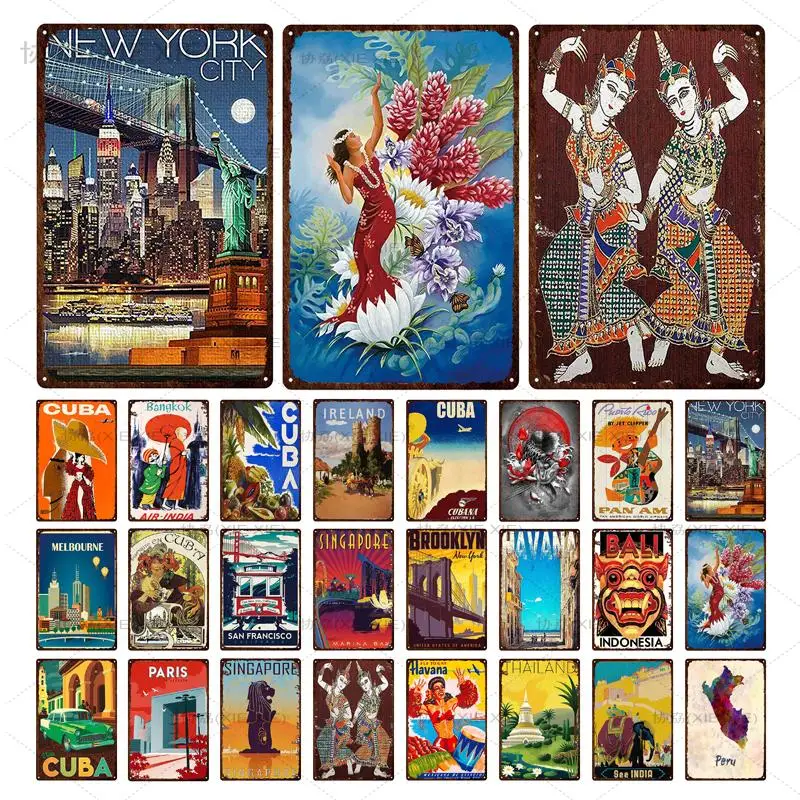 

City Landscape Metal Tin Sign Cuba Singapore Havana High Quality Metal Wall Decor Plaque Iron Painting For House Office Hotel