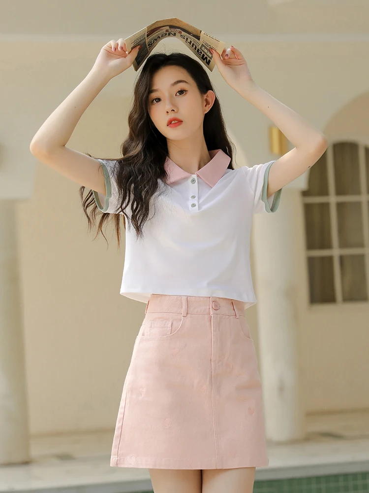 

New Design Sense Niche Thin Loose Top Polo Collar White Short-sleeved T-shirt Female Summer