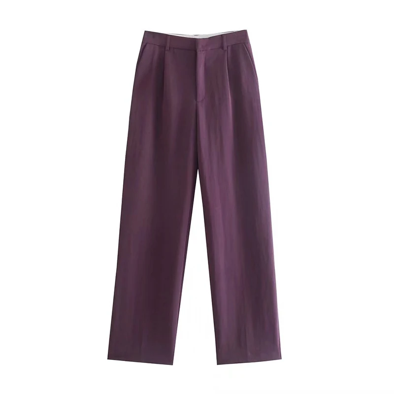

YENKYE Women Purple Full-length Menswear Style Suit Pants Female High Waist Straight Trousers Office Ladies Casual pantalones