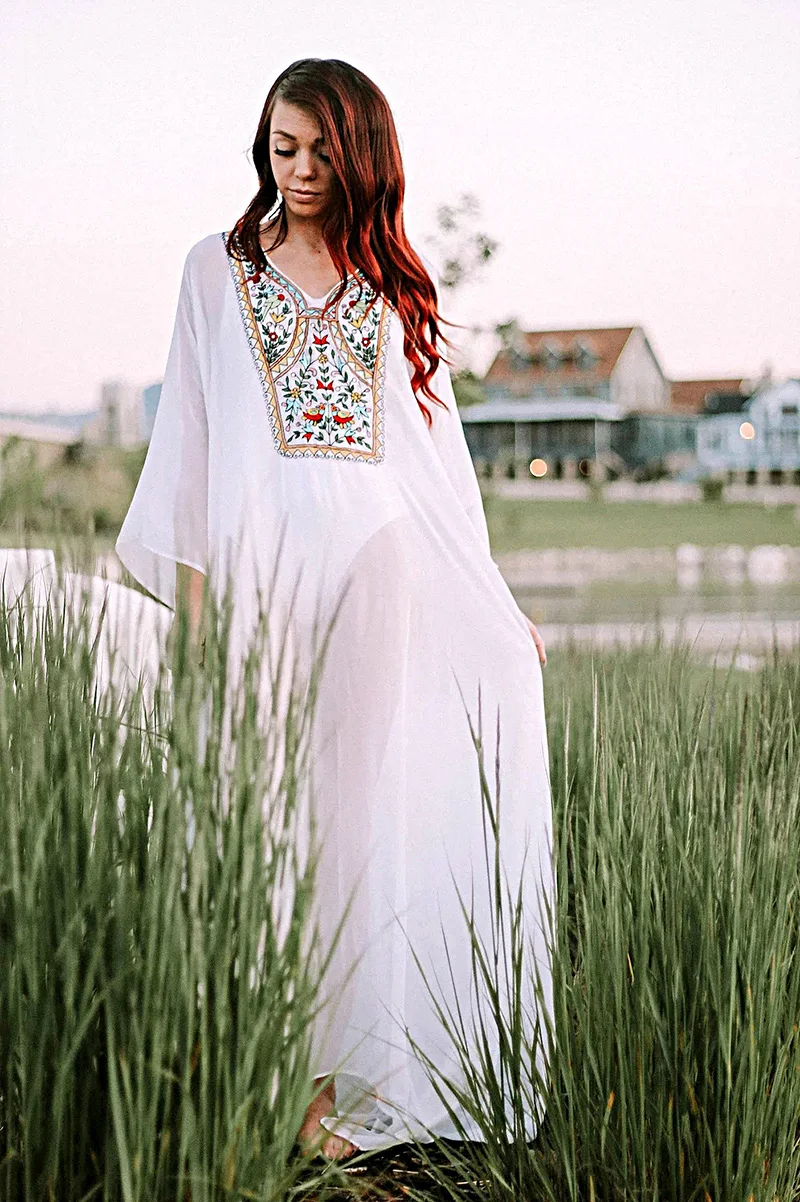 Fitshinling Embroidered Chiffon Long Dress Swimwear Flare Sleeve Sexy Hot White Beach Maxi Dresses Women Holiday Boho Vestidos | Женская