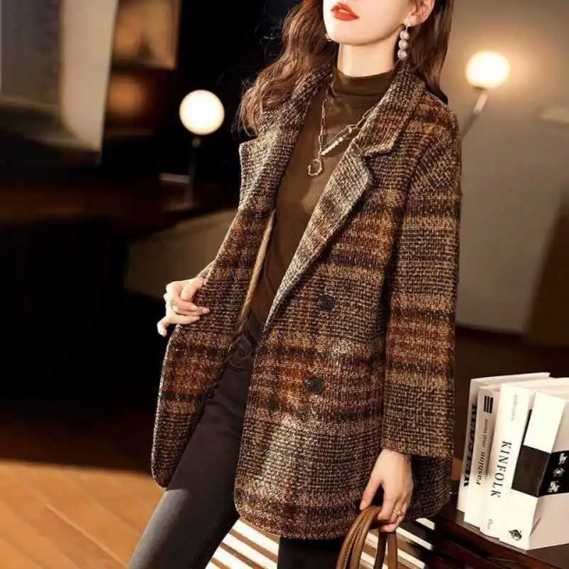 

Autumn and Winter Women's Blended Checkered Suit Jacket 2023 New Korean Fashion Lapel Thick Warm Loose Coat Women Traf Parkas