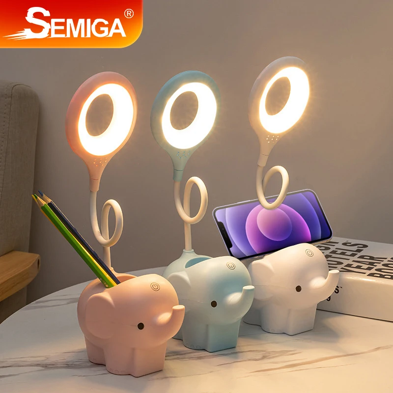 

5V Usb Led Table Reading Lamp Rechargeable Small Desk Night Light Luminaire With Pen Holder Portable Study Elephant Cartoon Gift