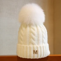 womens winter hats solid autumn winter real fox fur pompom skullies beanies cotton wool warm knitted cap