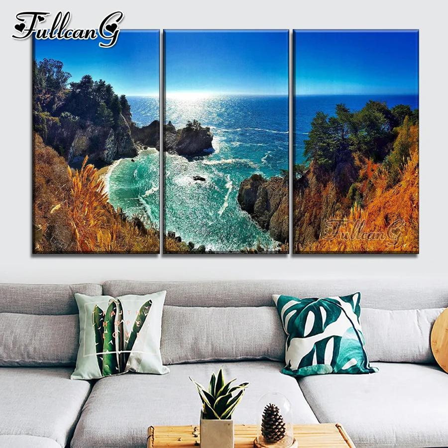 

FULLCANG Sea natural scenery large size triptych 5d diy diamond painting mosaic embroidery kit full square round drill FC0278