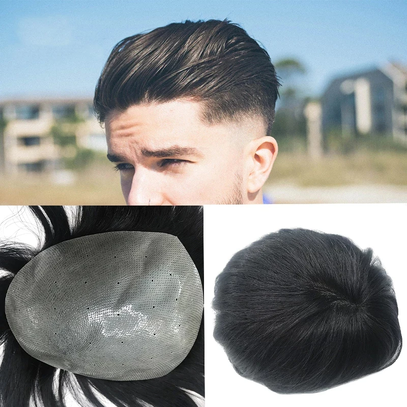 

QHP Men Toupee 100% Indian Human Hair Men's Capillary Prothesis V Loop Replacement System 6 Inch Natural Hairpiece Wigs For Man