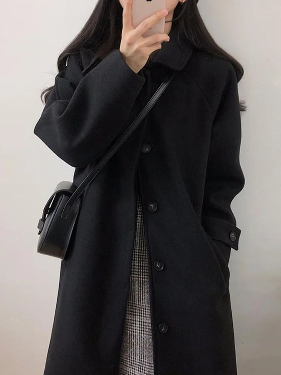 

Female Overcoat 2021 Autumn And Winter Korean Double-sided Tweed Coat Women's Middle Long Knee Black Tweed Coat