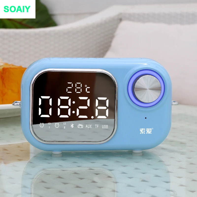 SOAIY E16 беспроводной Bluetooth динамик супер бас открытый мини-будильник небольшой динамик fm-радио температурный дисплей карта динамик - Цвет: Синий