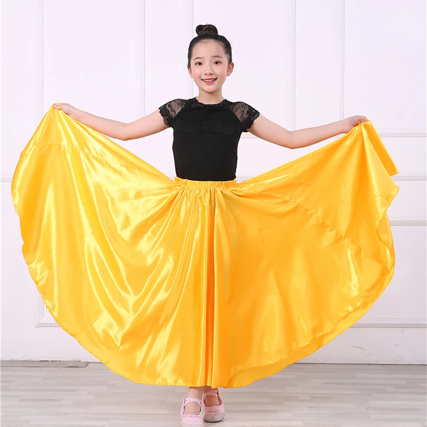 Yellow 10 цветов, детские костюмы для танца живота для девочек, для детей, для танца живота, Индийский Болливуд, для выступлений, цыганская однотонная сатиновая юбка - Цвет: Yellow