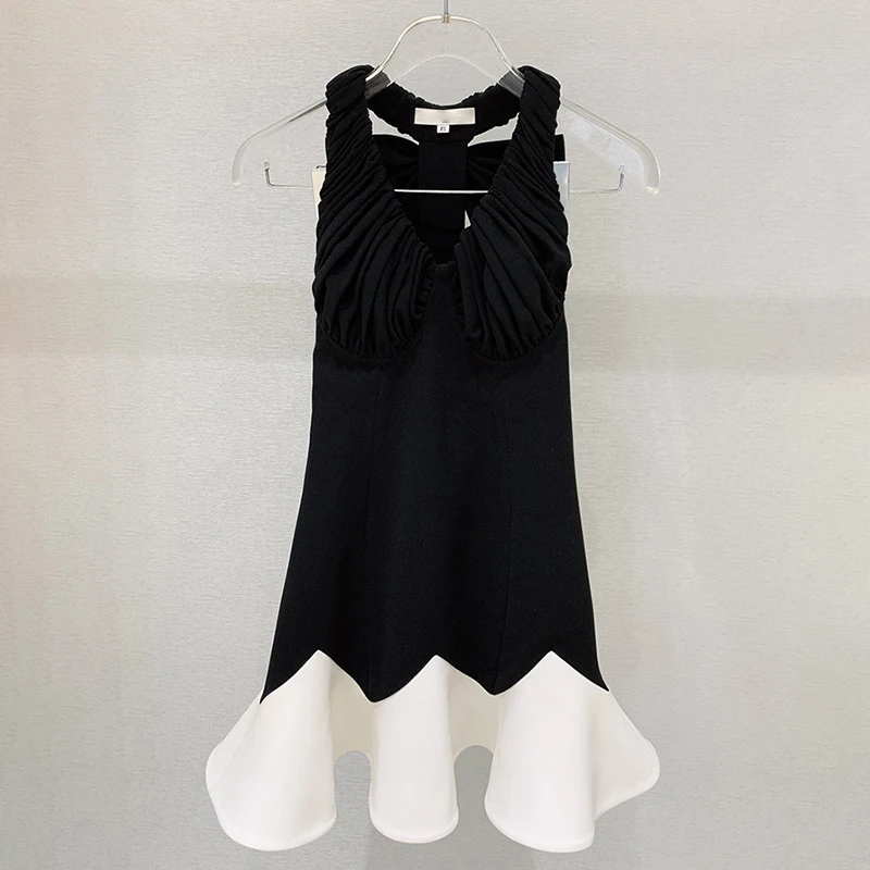 

TWOTWINSTYLE Sexy Patchwork Bowknot Dress For Women V Neck Sleeveless High Waist Hit Color Mini Summer Dresses Female Fashion