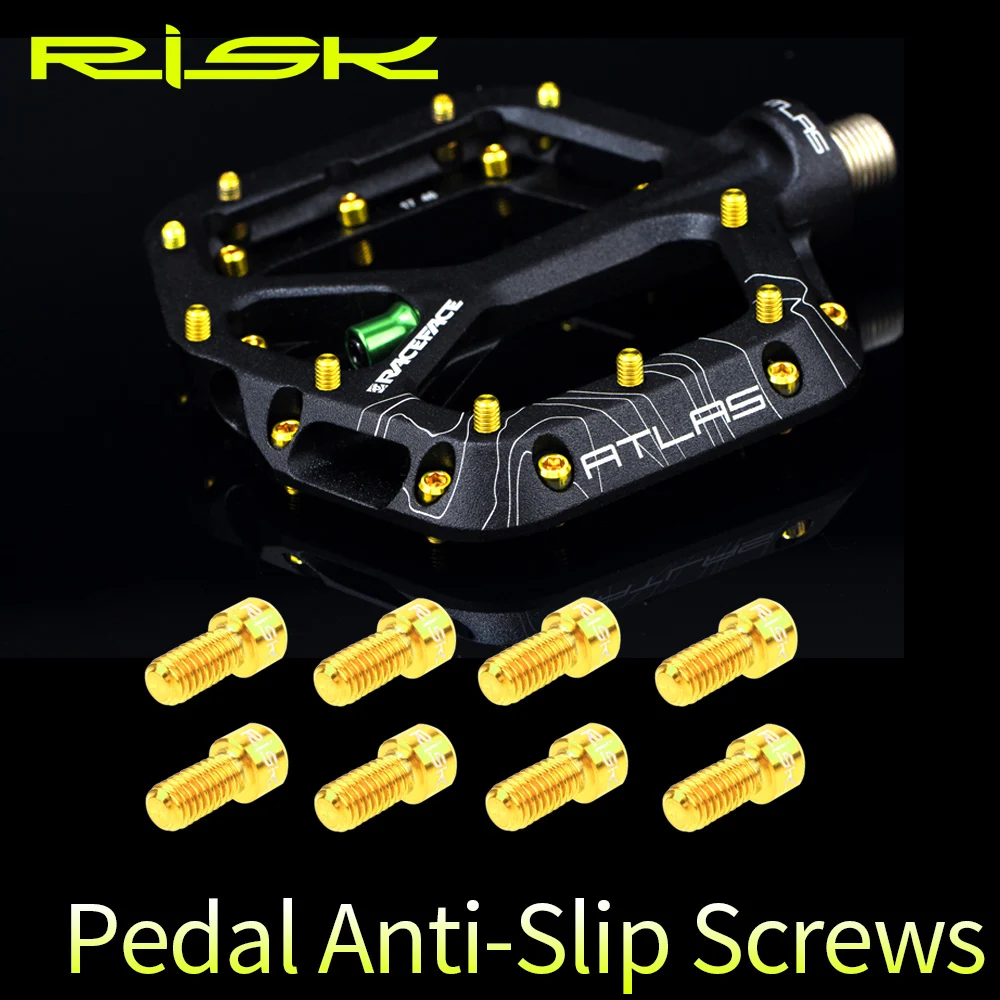 

RISK 8pcs/lot Titanium Alloy Anti-skid Bolts for Downhill Bicycle Pedals TC4 Ti Pedal Anti-slip Screws for XC AM DH Bike M4*8mm