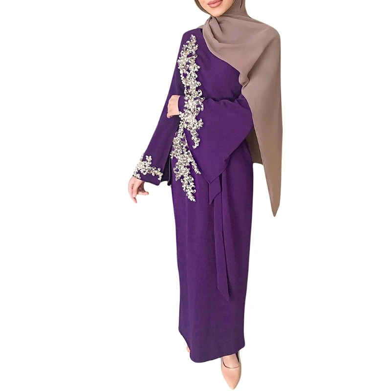 

Women Muslim Dubai Abaya Long Sleeve Maxi Dress Floral Lace Beading Hijab Kaftan J78E