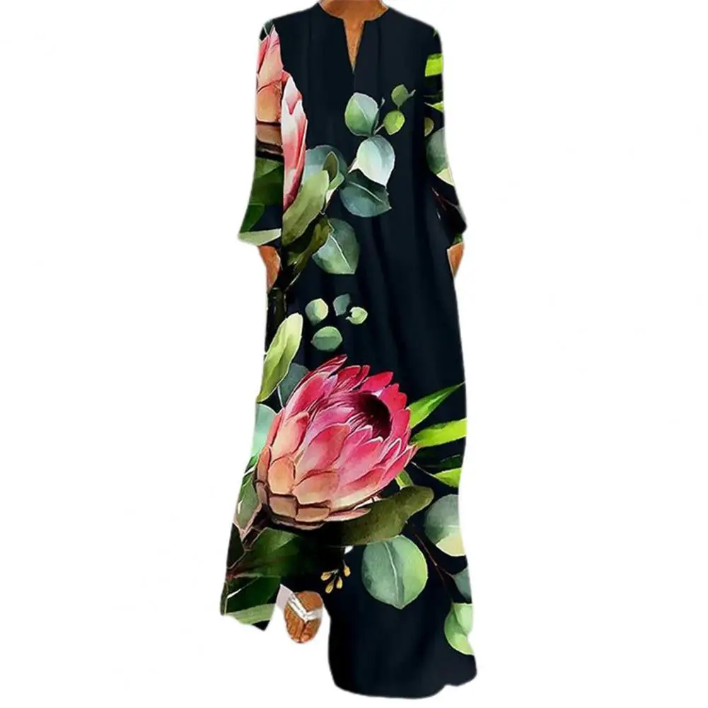 

2021 New Autumn Women Dress Elegant Floral Print Chinese Style V Neck Long Sleeve Large Hem Vintage Dresses Party