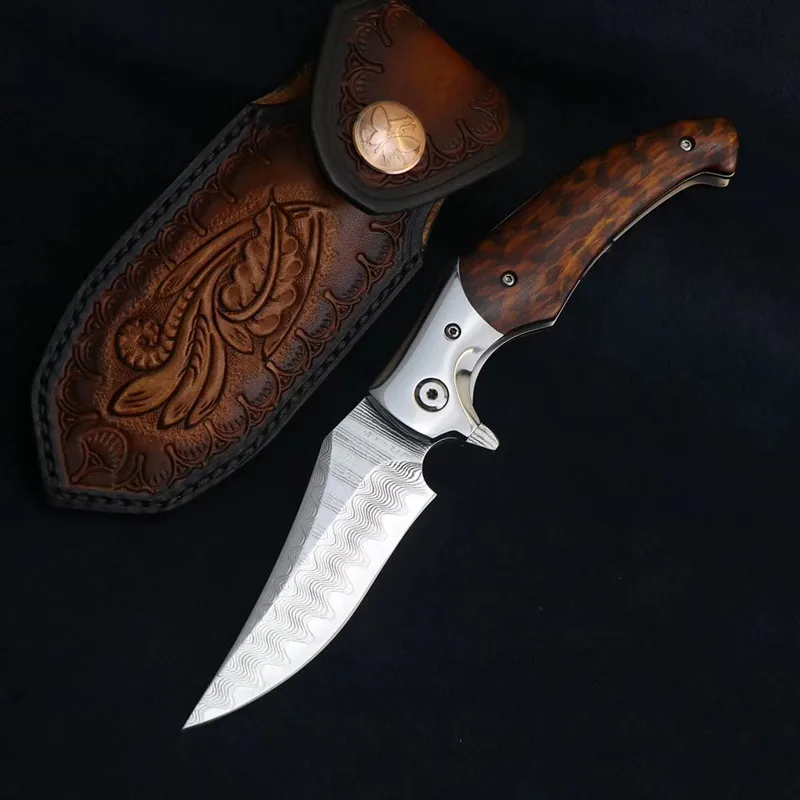 Складной нож из дамасской стали со змеиной рукояткой карманный для охоты и