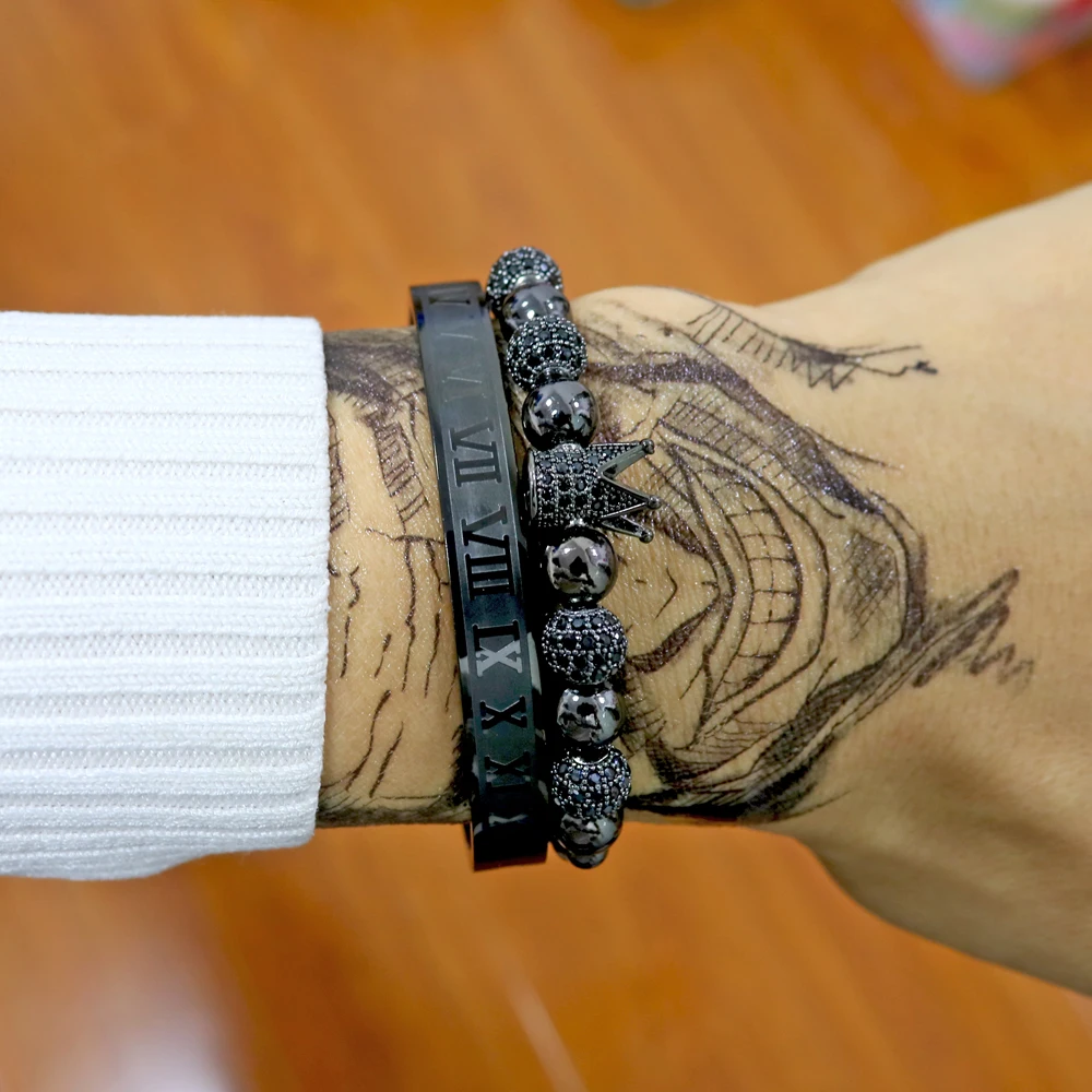 

Hot Sale Classical Crown Luxury Men's Jewelry Handmade Beads Braiding Bracelets For Men Roman Letter Bracelet Pulseira Masculina