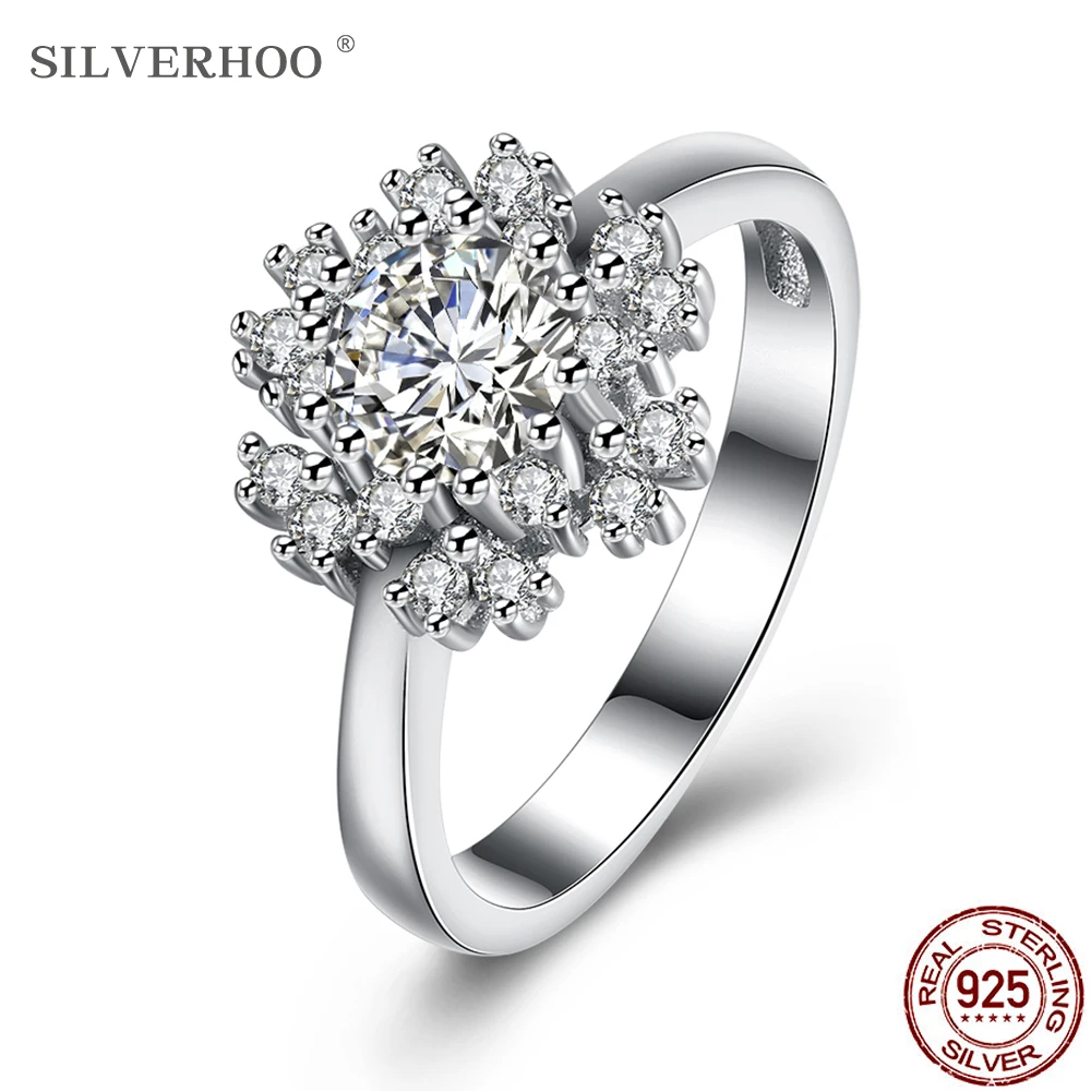 

SILVERHOO 925 Sterling Silver Rings Twinkle Flower Shape Female Ring Cubic Zirconia Fine Jewelry Wedding Gift For Her On Sale
