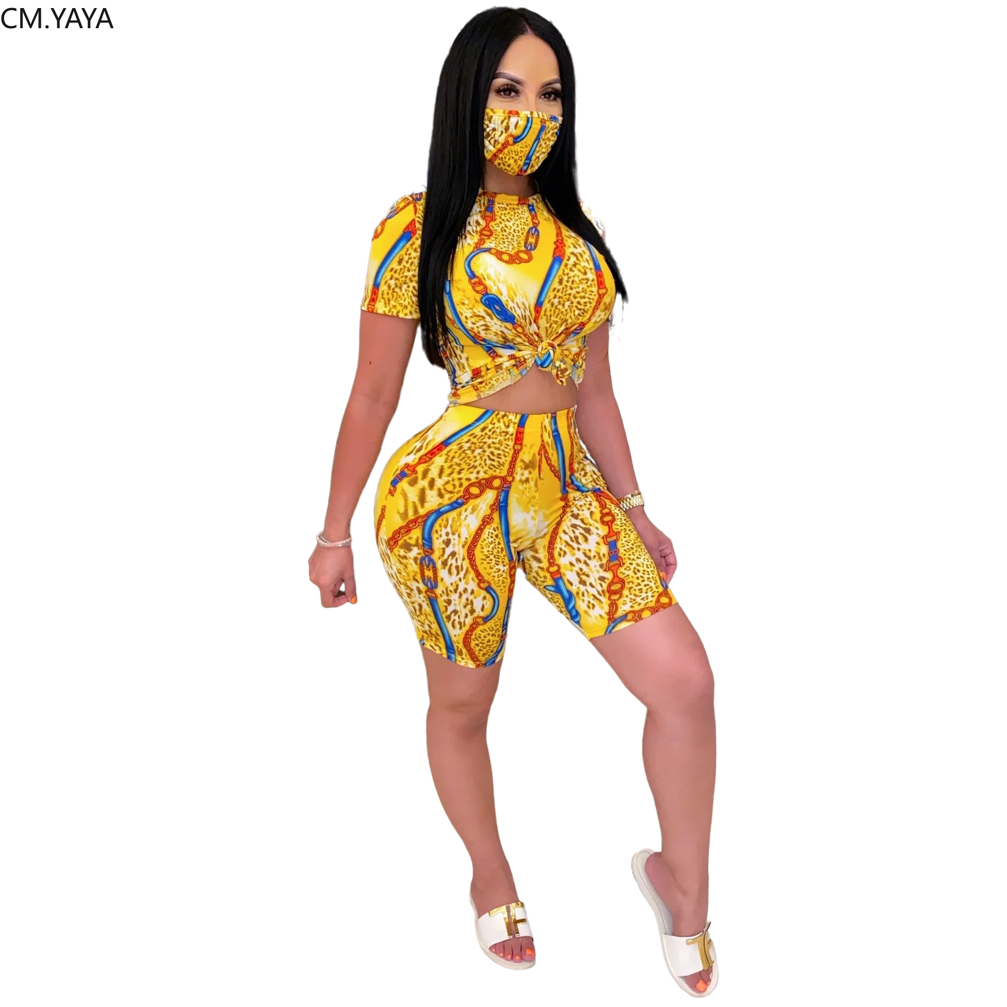 Женский летний спортивный костюм CM.YAYA комплект из 3 предметов с принтом в полоску