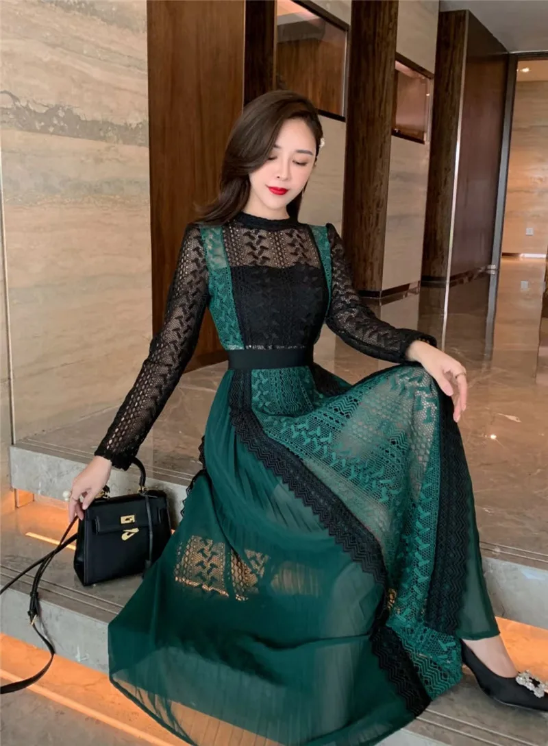 Женское шифоновое плиссированное платье с длинным рукавом длинное ажурное в