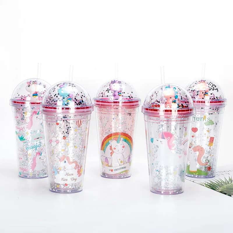 

420ml Unicorn Pattern Portable Summer Plastic Straw Cup Student Straw Drinking Cup Fashion Cartoon Double Straw Tumbler