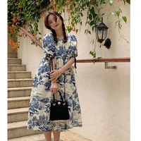2021 blue elegant long maxi dress vintage square collar puff sleeve female french dress casual holiday lady summer vestidos