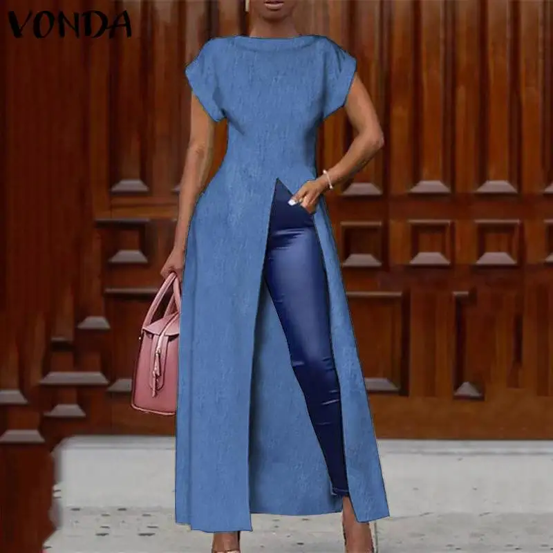 Элегантный Джинсовые рубашки Туника Для женщин блузка высокого Разделение