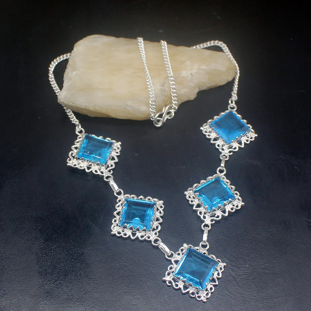 Gemstonefactory Jewelry Big Promotion Unique 925 Silver Amazing Multi Stone Blue Topaz Women Chain Necklace 48cm 202101535