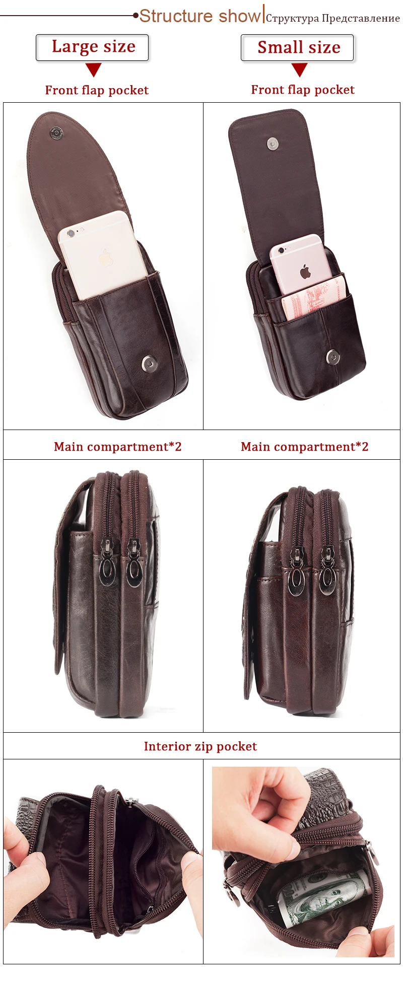 Genuine Leather Men's Waist Fanny Pack Mobile Phone Pouch Soft Cowhide Cross Body Zipper Money Purses Hip Bum Belt Bags For Men