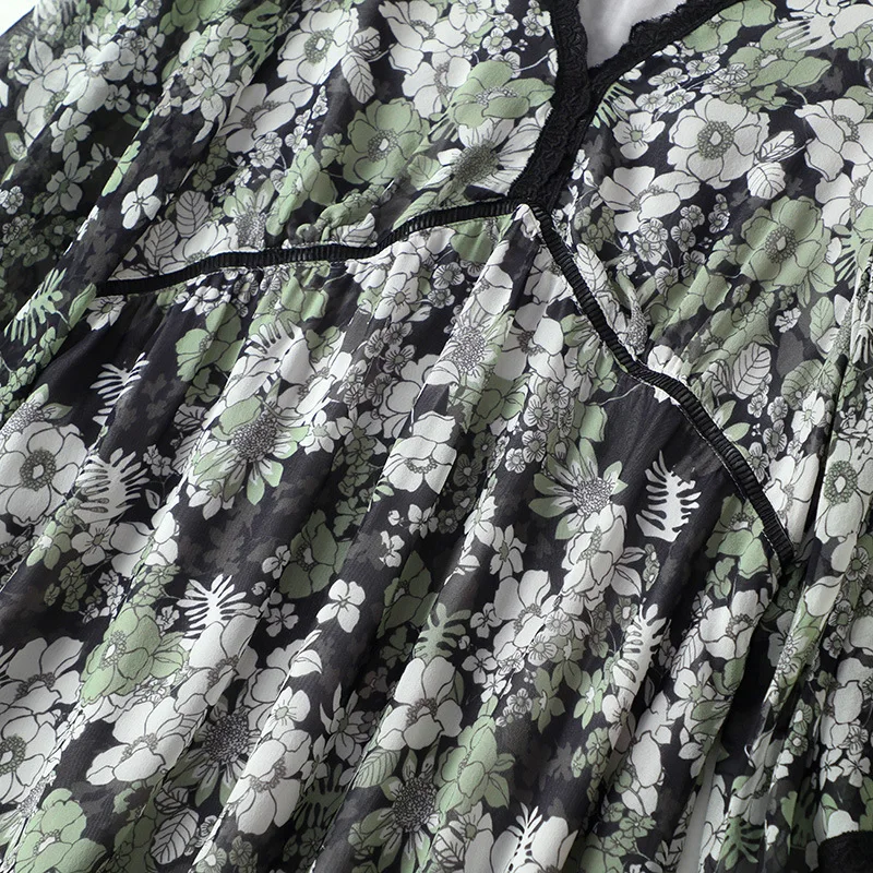 

2021 Summer New 100% Mulberry Silk Dress V-neck Short Sleeve Printed Crepe De Chine Silk Dress