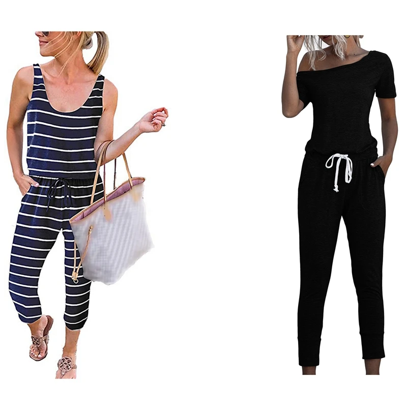 

2 Pcs Jumpsuit: 1 Pcs Casual Off Shoulder Jumpsuits Lace Up Short Black & 1 Pcs Striped Sexy Backless With Pocket Blue