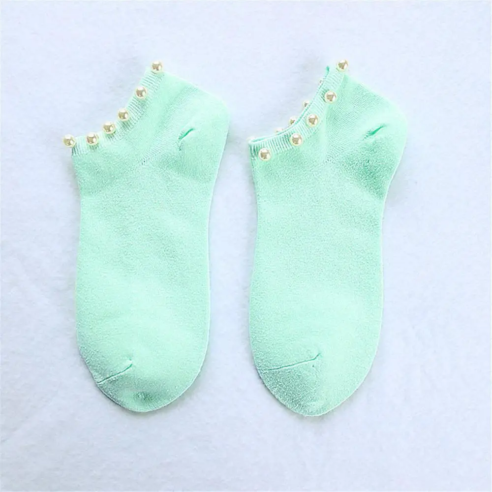 Light green 9 цветов, женские носки, хлопковые милые женские Носки ярких цветов с имитацией жемчуга, повседневные короткие женские носки для девушек и женщин, носки, чулочно-носочные изделия - Цвет: Light green