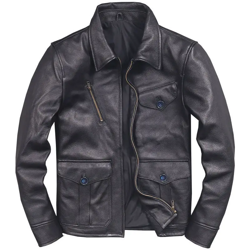 

First Layer Short Cowhide Motorcycle Clothing Autumn and Winter Youth Lapel Slim -Fit Leather Coat