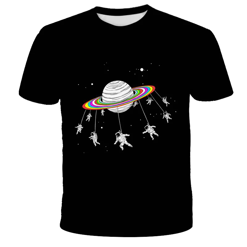 

2021 Summer New Pattern Astronaut T Shirt Kids Harajuku Style Cool Boy Street Boy Girl Polyester Breathable o-Neck T Shirt 4-14T