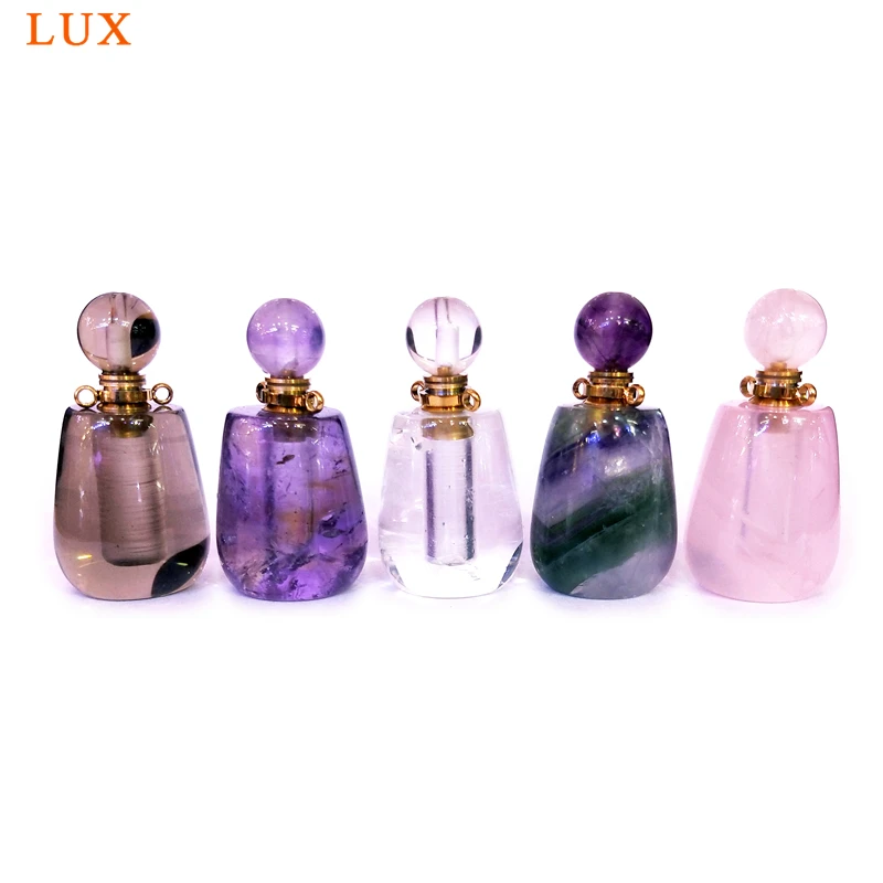 

Natural Fluorite Perfume Bottle Pendant Polished rose quartzs amethysts smoky quartzs Gold color Plated Healing Chakra Necklace